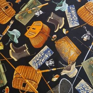 Timeless Treasures SoHo Fabrics "Gone Fishing" Black Cotton Vintage Print 44x37